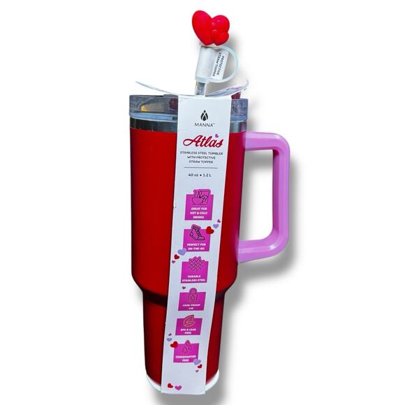 Manna Atlas Red 40 Oz Stainless Steel Tumbler W/Heart Straw Valentines Day - Picture 3 of 5